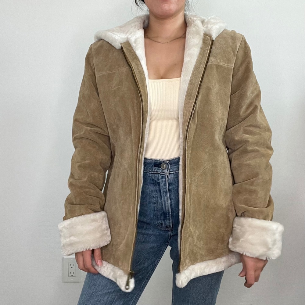 Adler‎ Collection Suede Sherpa Lined Hooded Jacket Coat Size M Full Zip - Picture 14 of 14